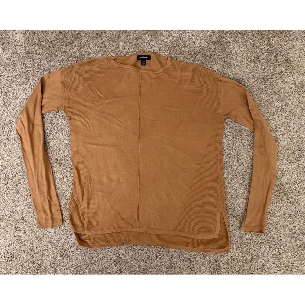 Lord & Taylor Womens‎ Camel Brown Ribbed Panel Crew Neck Knit Sweater Size Small